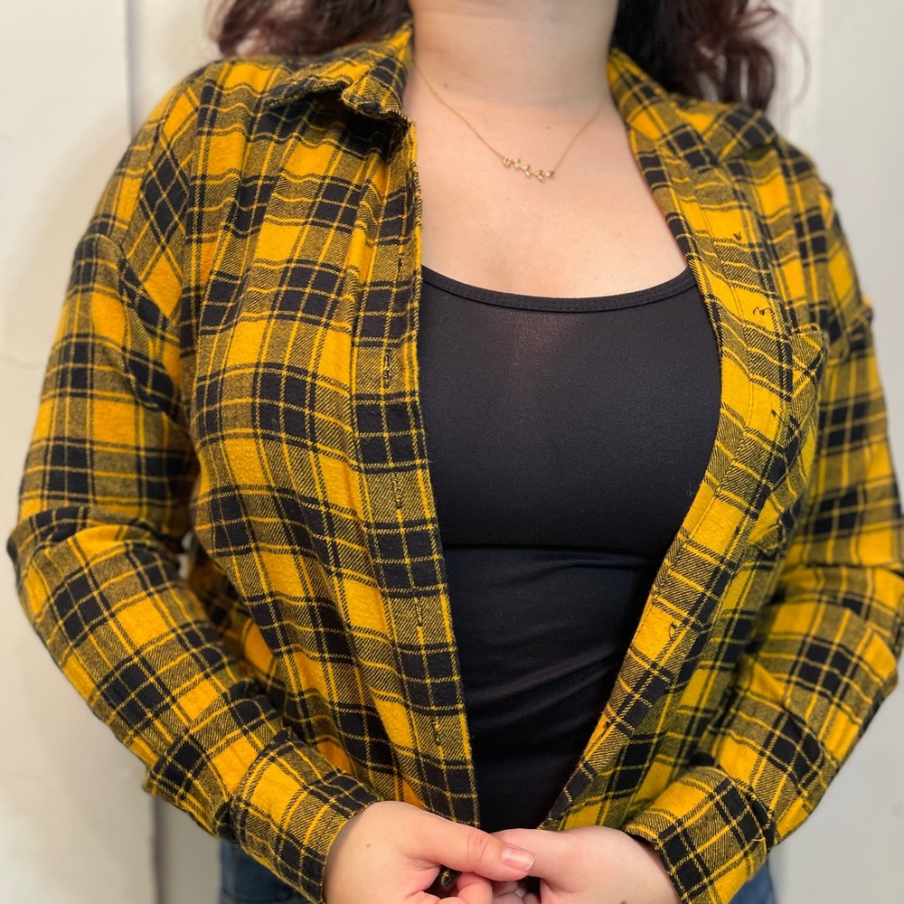 Black and yellow flannel crop top button up